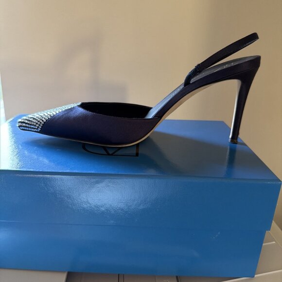 Giuseppe Zanotti Sling Back Heels Evening Navy Satin With Crystals - Picture 2 of 10